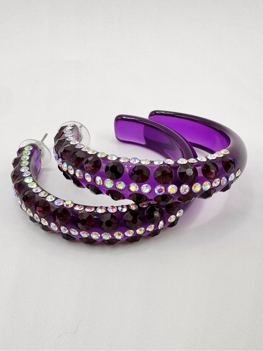 Purple Lucite AB Rhinestone Big Hoop Earrings Dance Performance Pageant Drag